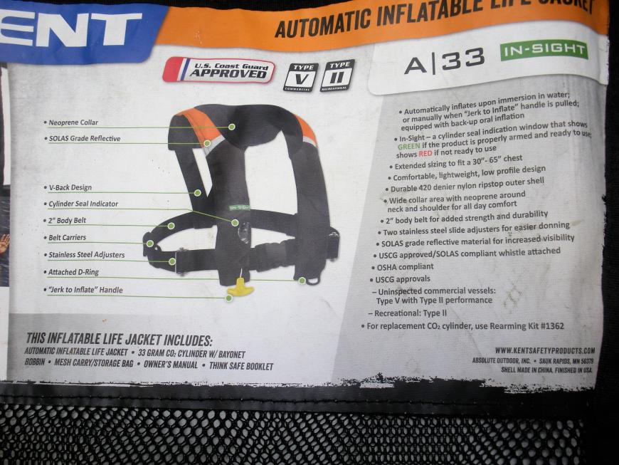 Kent Automatic Inflatable Type II / V Life Vest Adult Universal