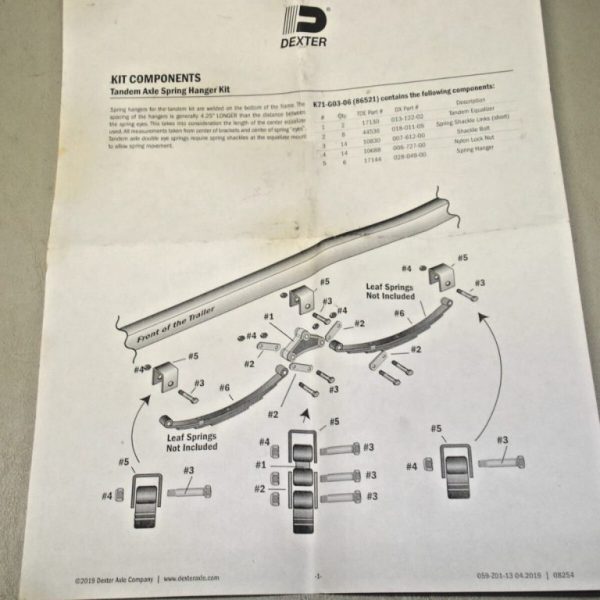 Dexter/ Tie Down Tandem Axle Hanger and Attaching Parts Kit K71-G03-06, 86521