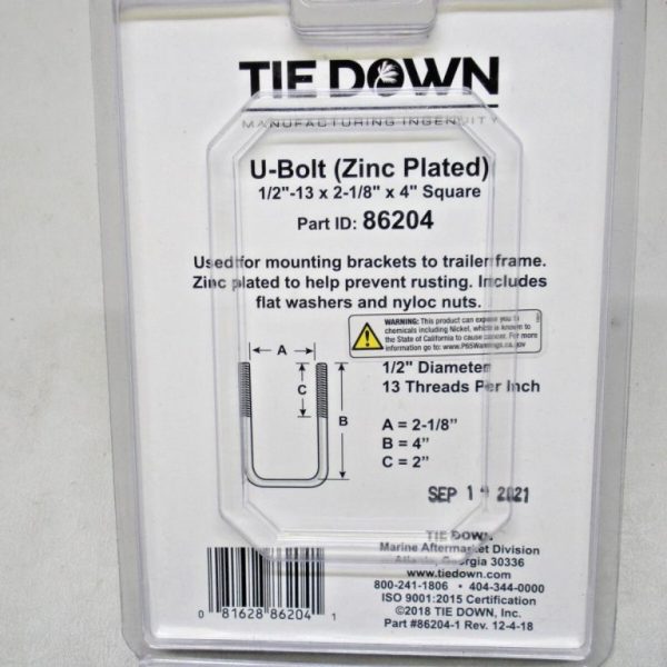 Tie Down Zinc Plated U Bolt Kit 86204