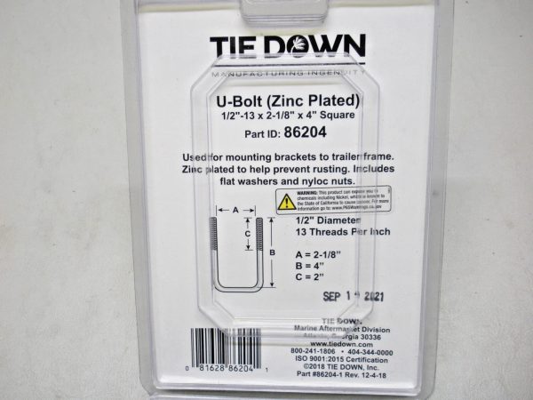 Tie Down Zinc Plated U Bolt Kit 86204 - Image 2