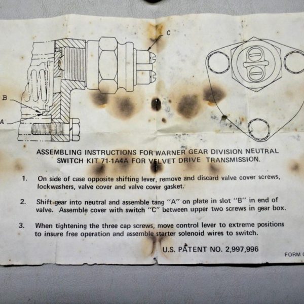 Velvet Drive Neutral Safety Switch Kit 71-1A4A. Replaced by 1004420052, R153002